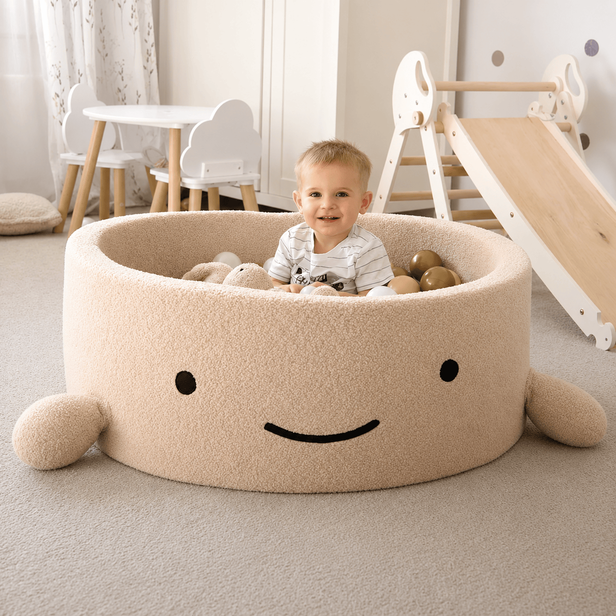 Meowbaby Basen z Kulkami dla Dziecka - Wieloryb | Piłki do wyboru | Oat Biscuit Beige | Boucle