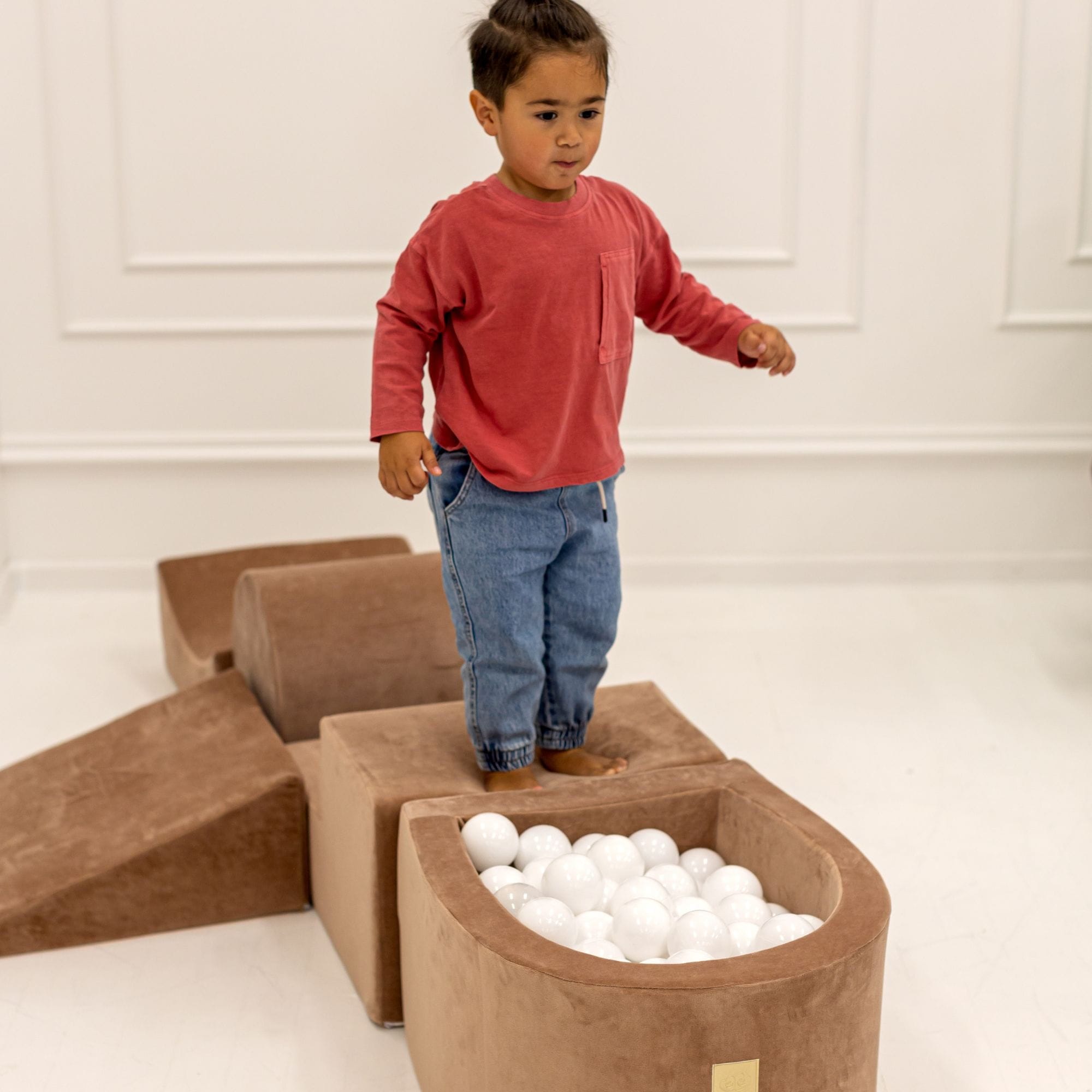 Meowbaby Velvet Kids Foam Climbing Blocks Marsala Red - Baby Soft Play Set | Balls to Choose