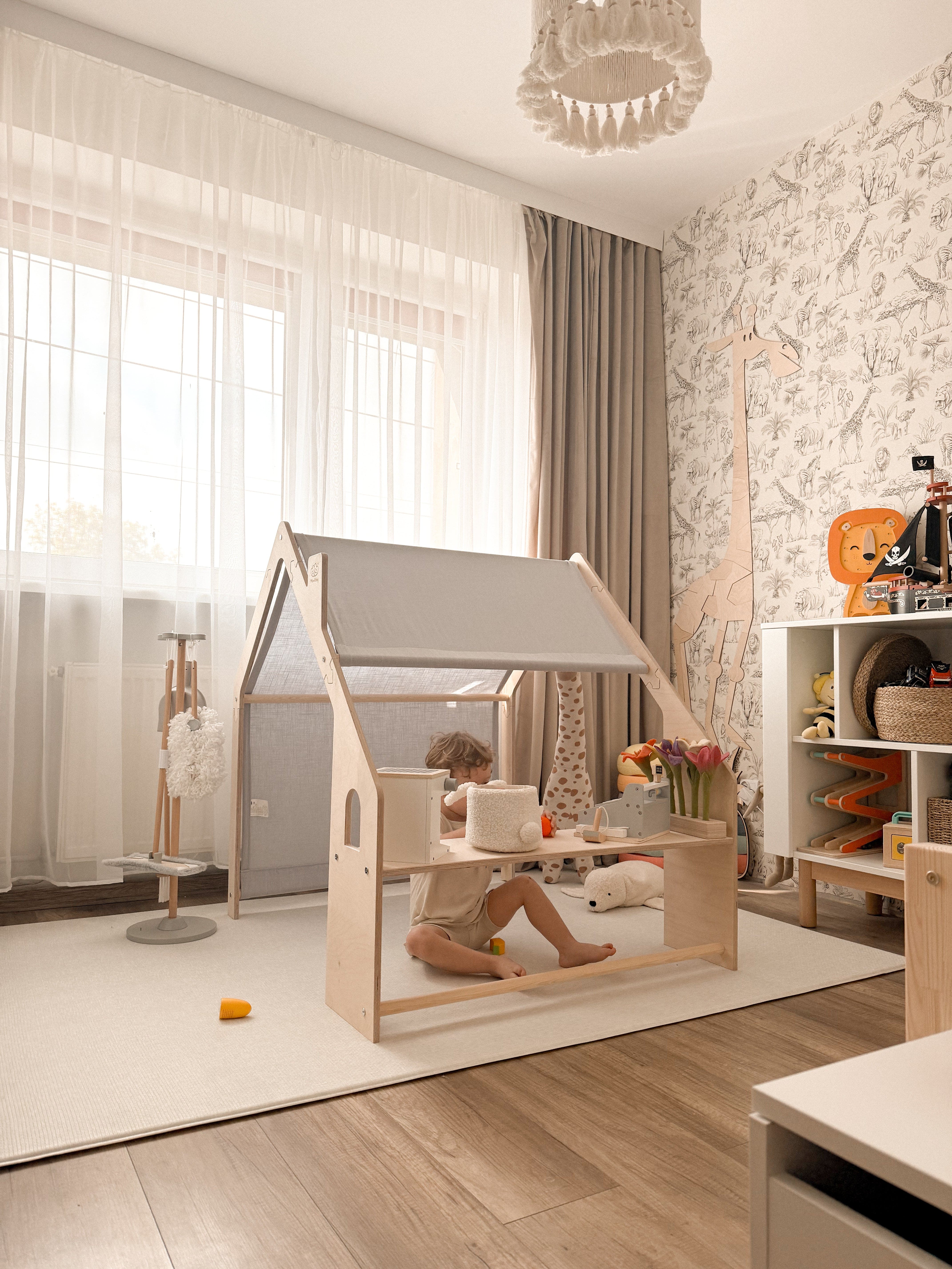 Meowbaby Drewniany Domek dla Dziecka do Zabawy | z Kolorowym Daszkiem