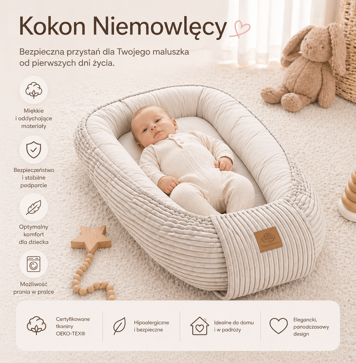 Meowbaby Kokon Niemowlęcy do Spania – Bezpieczna Przestrzeń dla Dziecka | Aesthetic